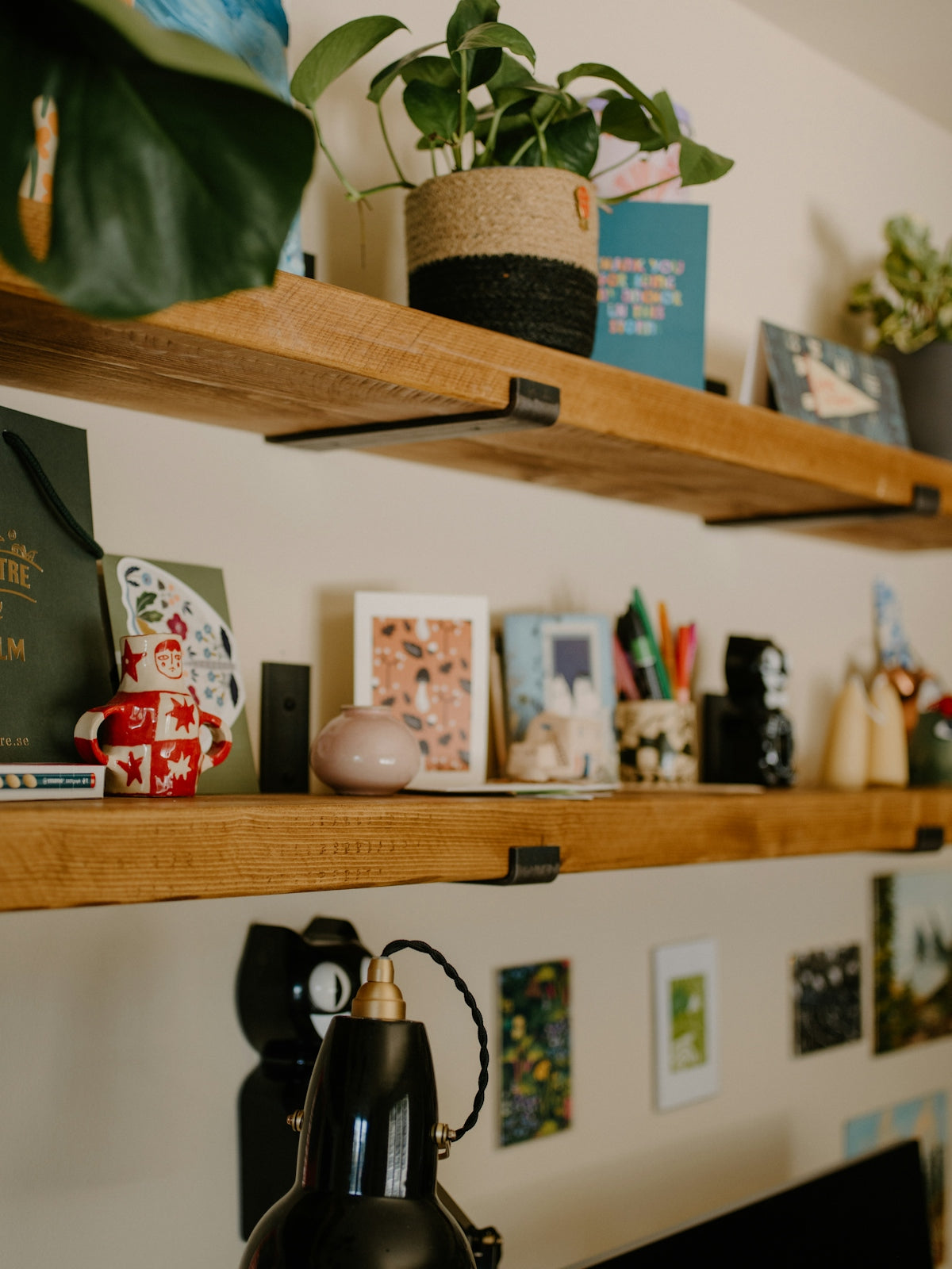 Wooden shelves filled with plants and decor