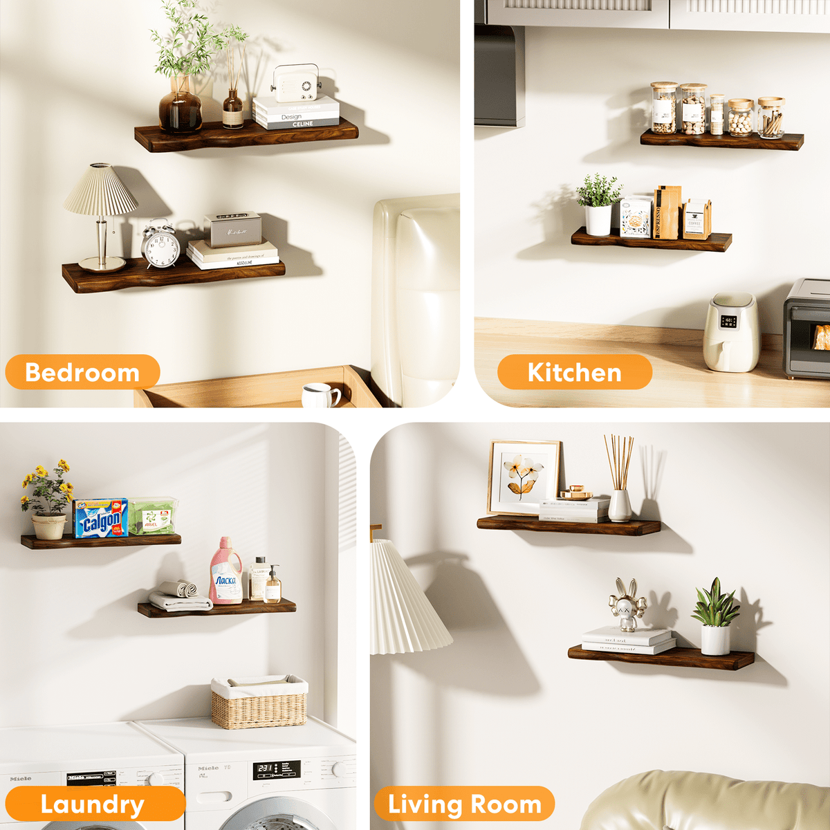 Lipa 24 Inch 2 Pack Floating Shelves for Wall,Farmhouse Live Edge Shelf,Living Room Bedroom Kitchen,Walnut