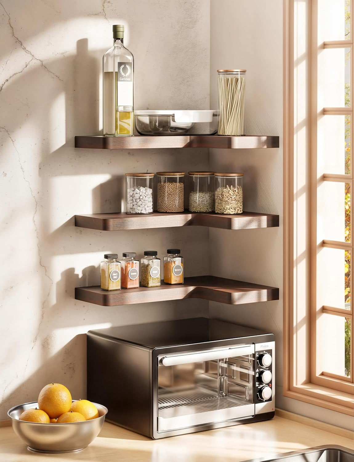 TIDITA Acacia Wood Corner Floating Shelf 17” x 12”- Corner Shelf Wall Mounted - Floating Book Shelves for Wall - Corner Shelf for Home, Kitchen - with Brackets and Hardware (Walnut Color, 17 in. x 12 in.)