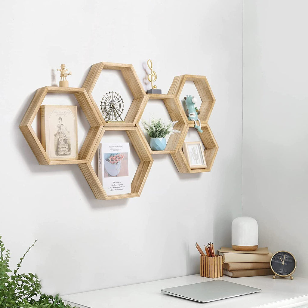 HexaHome 11.3” x 14.8” Rustic Floating Shelves 6-Tier Honeycomb Wood (6 Count)