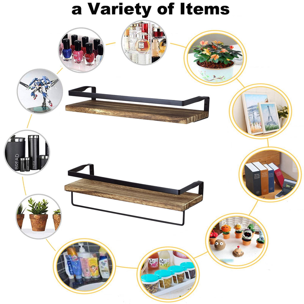16 in. Wall-Mounted Floating Shelves W/Rack & Towel Bar, Home Decor 2-Tier Natural Burnt Wood Storage Shelf for Livingroom Kitchen Bedroom, Bathroom Shelves Over The Toilet