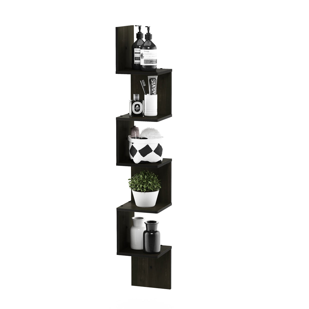 Furinno 5 Tier Wall Mount Floating Corner Square Shelf, Espresso