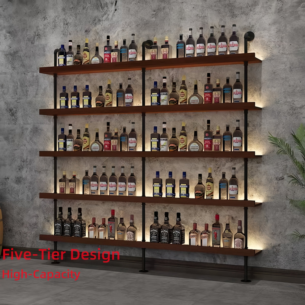71in Industrial Wall Mounted Wine Rack, 5-Tier Rustic Metal Floating Shelves, Large Capacity Wall Bar Shelves for Liquor Bottles for Home Bar & Dining Room, Walnut(Without Lights,)