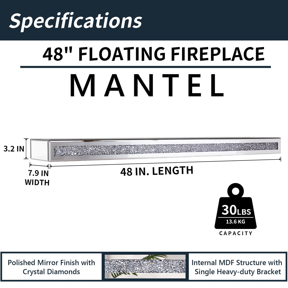 SHYFOY 48 in. Fireplace Mantel Mirrored Floating Shelf with Faux Diamond Inlay Accent Shelf for Wall Decor