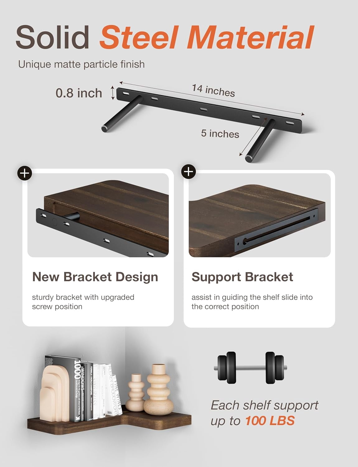 TIDITA Acacia Wood Corner Floating Shelf 17” x 12”- Corner Shelf Wall Mounted - Floating Book Shelves for Wall - Corner Shelf for Home, Kitchen - with Brackets and Hardware (Walnut Color, 17 in. x 12 in.)