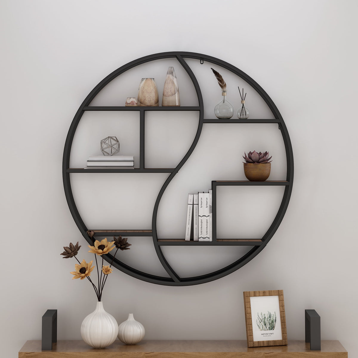 GDF Studio Circular Iron Floating Shelf, 6.50 in. x 34 in., Black