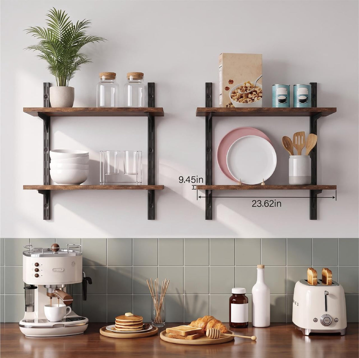 Mifurn 2-Tier Floating Shelves for Wall, 18.9 in. Adjustable Wall Track Wood Shelves, Rustic Brown
