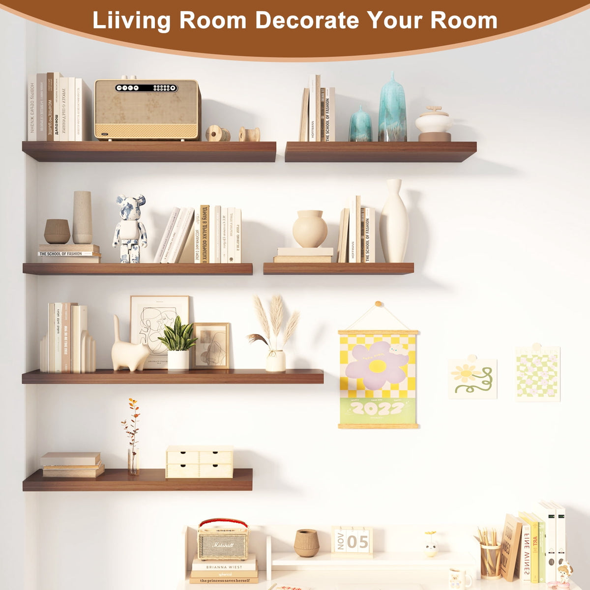 Dumekko Large Floating Shelves for Wall Set of 2 Wooden Wall Shelves 30 in x 12.75 in x 2 in Room Decor Long Shelf with Invisible Wall Mount Bracket for Bedroom, Kitchen, Living Room, Walnut