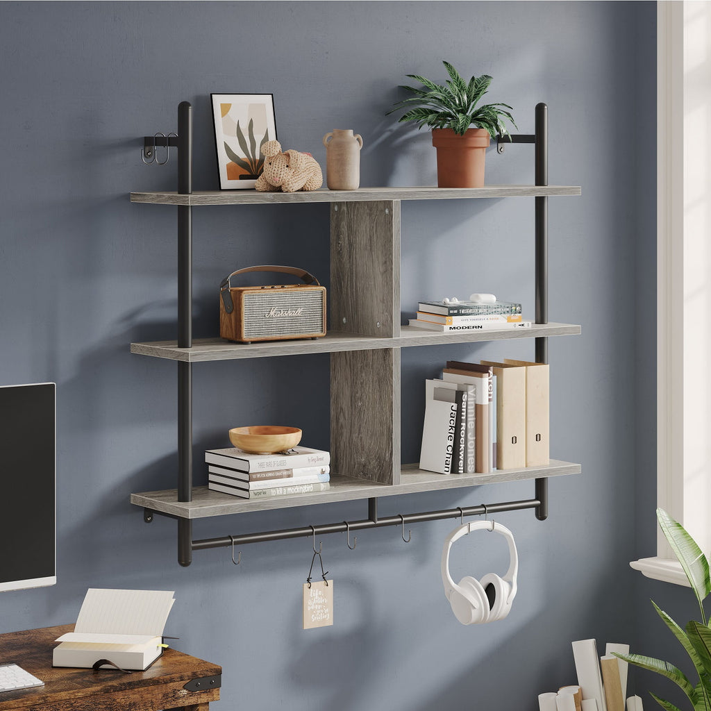 Bestier 41 in. Industrial Pipe Shelves Wall Mount, 3-Tier Floating Shelves for Kitchen Bedroom Bathroom in Grey