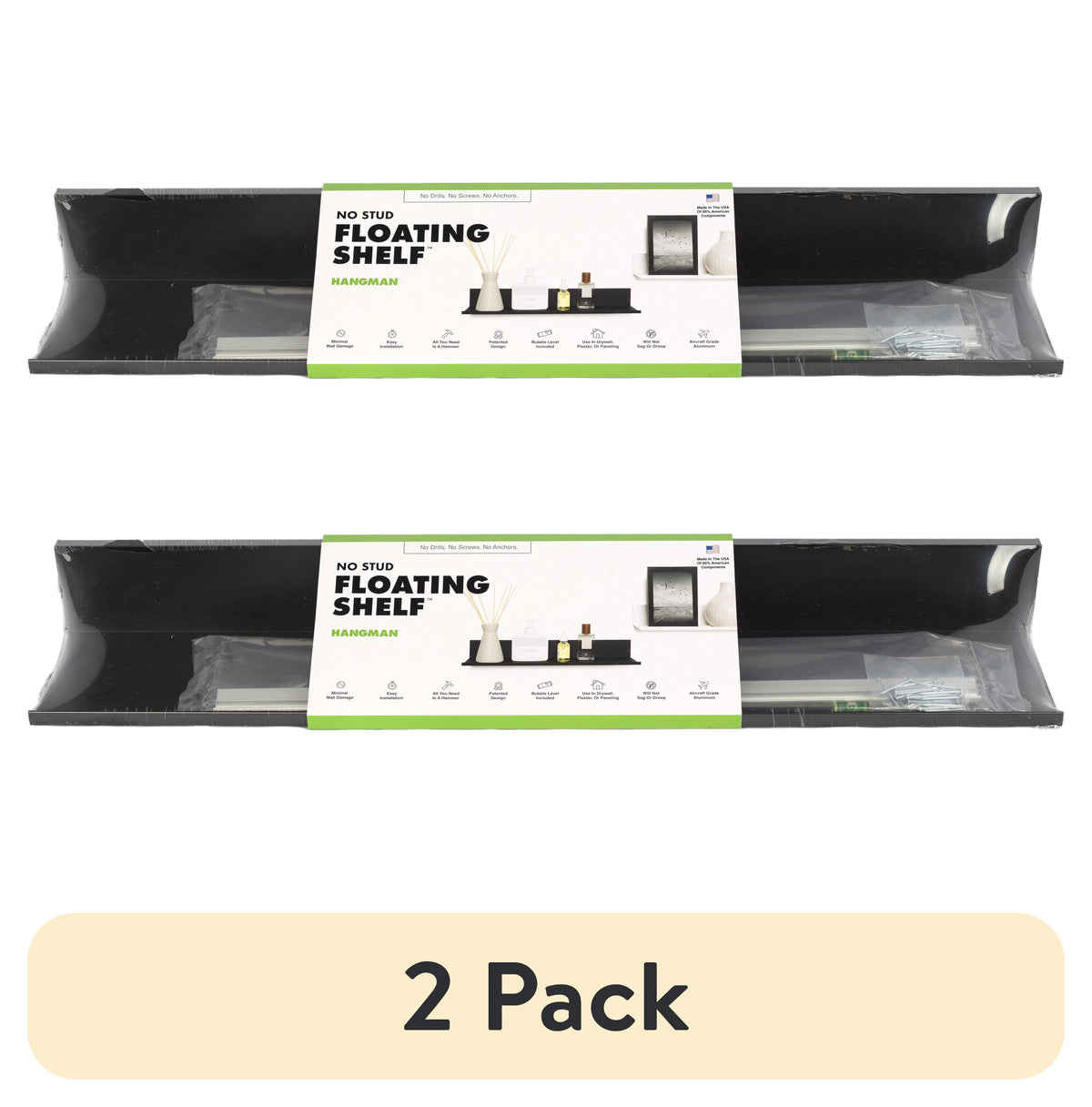 (2 pack) Hangman No Stud Floating Shelf - 24 in.- Black - Aluminum - Level and Hardware Included - No Drills or Anchors Needed