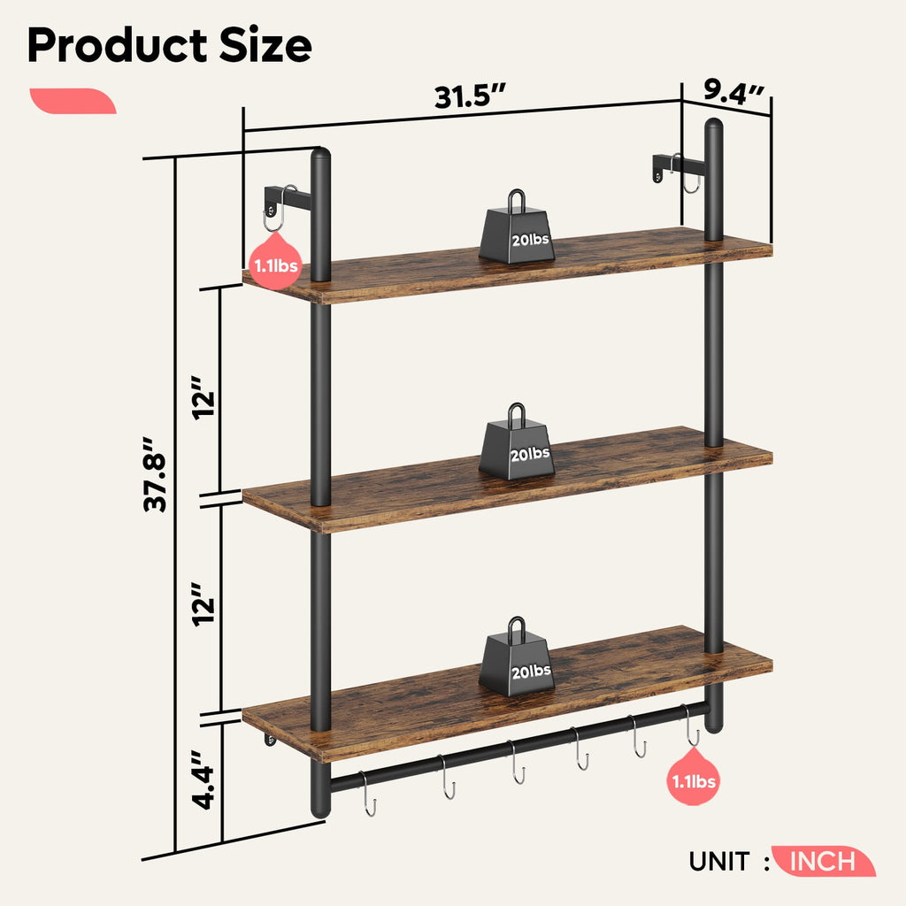 Bestier 31 in. Kitchen Wall Shelves 3-Tier Floating Shelves for Bathroom, Bedroom, Rustic Brown