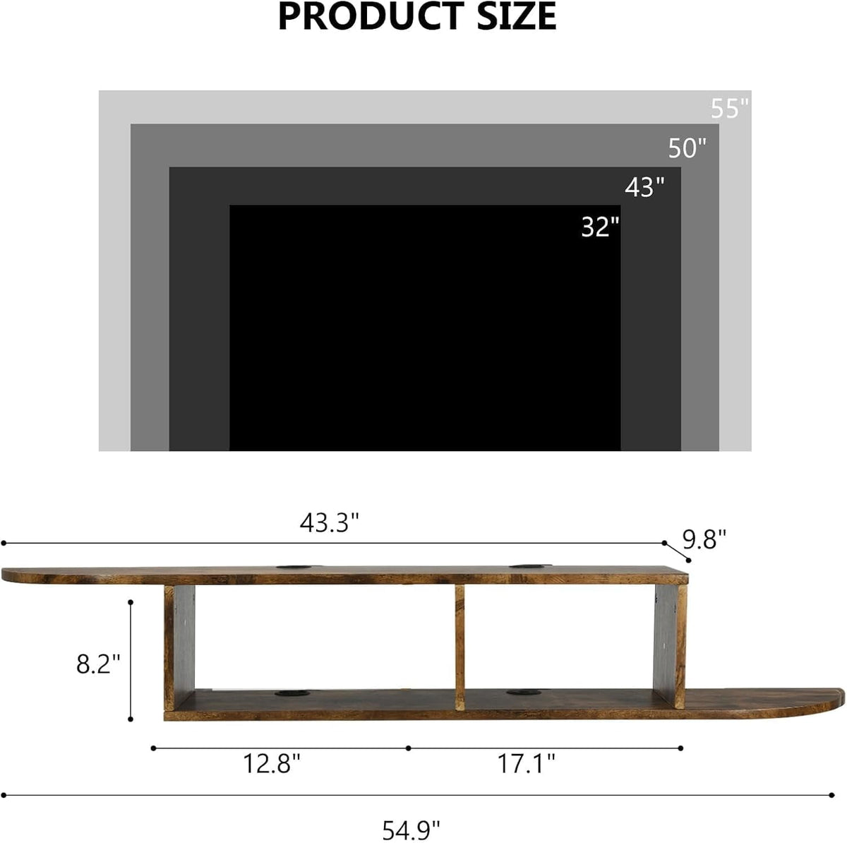 Floating TV Stand, 55 in. Floating TV Shelf with Storage, Floating Entertainment Center Wall Shelf for Living Room, Floating Shelf for Under TV, Bedroom, Walnu