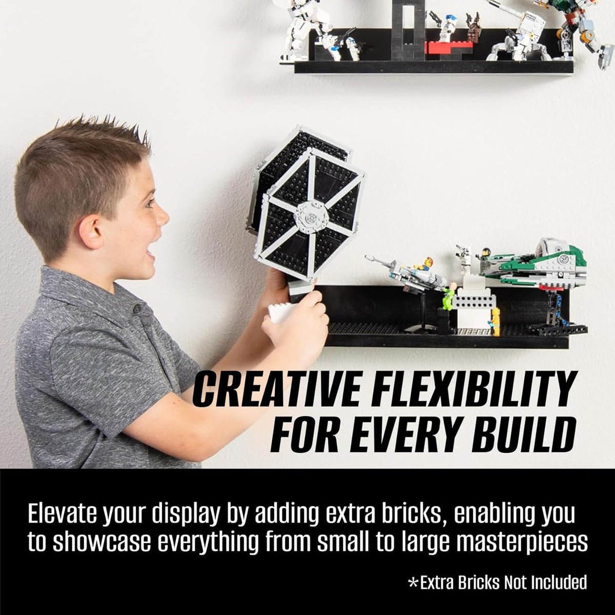 BrickMaster Displays 16 x 16-Inch 1-Tier Floating Shelves - Lego Display Shelf, Black 2-Pack