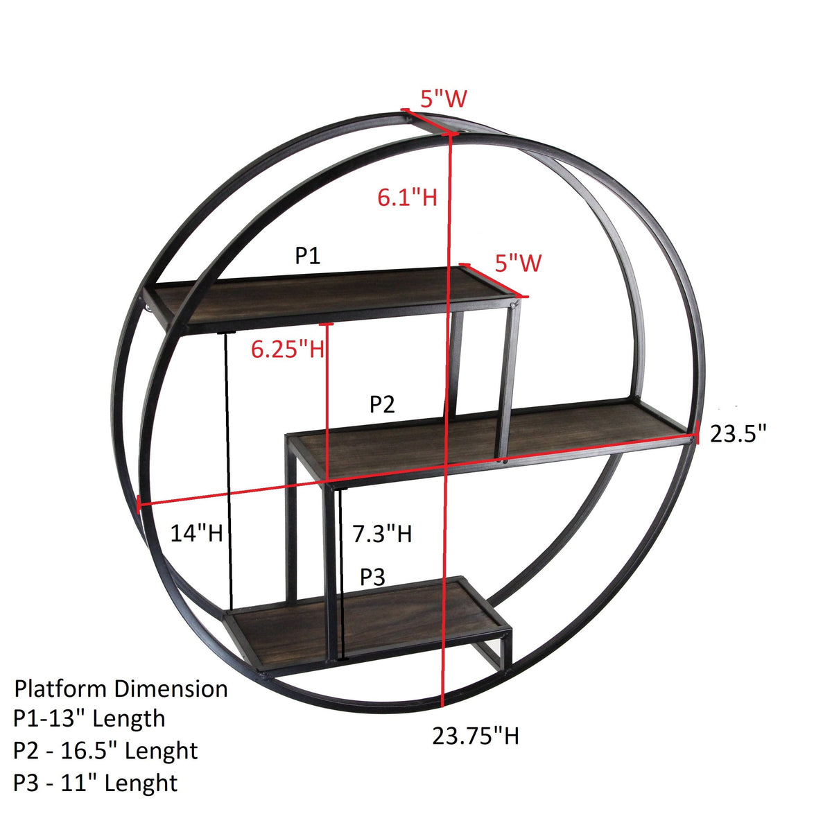 Admired By Nature 23 Inches Round wall-mounted Iron hanging storage floating shelves, Black