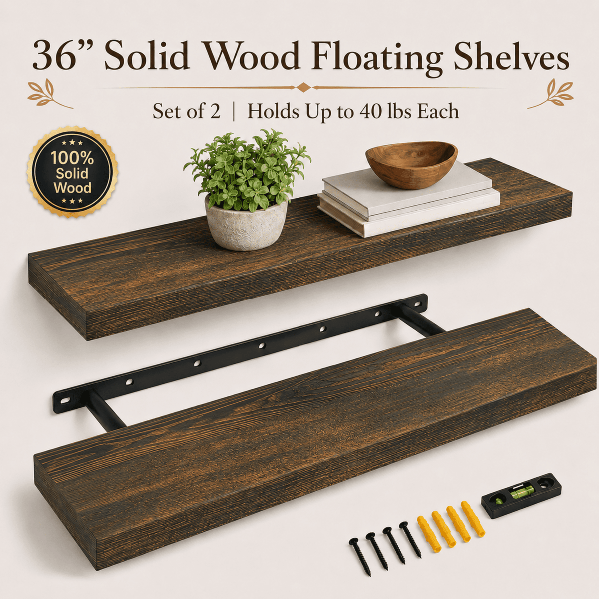 MEHOOM 36 in. Rustic Solid Wood Floating Shelves for Wall Set of 2, Brown Book Shelves,Wall Shelves for Bathroom,Bedroom,Living Room,Kitchen,Study Room, Kids Room, Farmhouse Decor