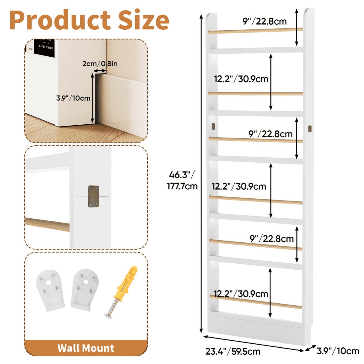 VGBYUJ 6 Tier Behind The Door Bookshelf, 70 in. Thin Narrow Bookshelf, Space Saving Wall Book Shelf Coner Bookshelf, White