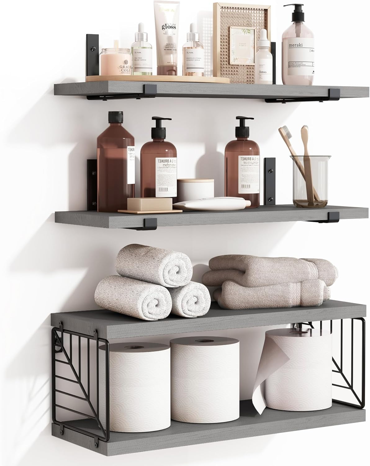 3+1 Tier Bathroom Floating Shelves Over Toilet, 15.8in Farmhouse Rustic Wood Shelves, Wall Decor for Bathroom, Living Room,Bedroom and Kitchen (Gray)