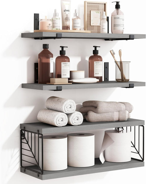 3+1 Tier Bathroom Floating Shelves Over Toilet, 15.8in Farmhouse Rustic Wood Shelves, Wall Decor for Bathroom, Living Room,Bedroom and Kitchen (Gray)