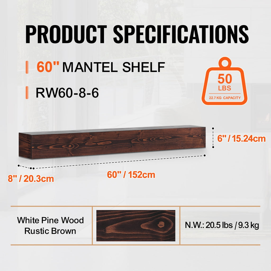 KFFKFF Wooden Fireplace Mantel, 60 in. x 8 in. x 6 in., 50 lbs Load Capacity, Natural Wood Shelf for Fireplace or Wall, Wall-Mounted Floating Farmhouse Design, Handcrafted Rustic Brown Mantel for Home Decor