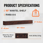 KFFKFF Wooden Fireplace Mantel, 60 in. x 8 in. x 6 in., 50 lbs Load Capacity, Natural Wood Shelf for Fireplace or Wall, Wall-Mounted Floating Farmhouse Design, Handcrafted Rustic Brown Mantel for Home Decor