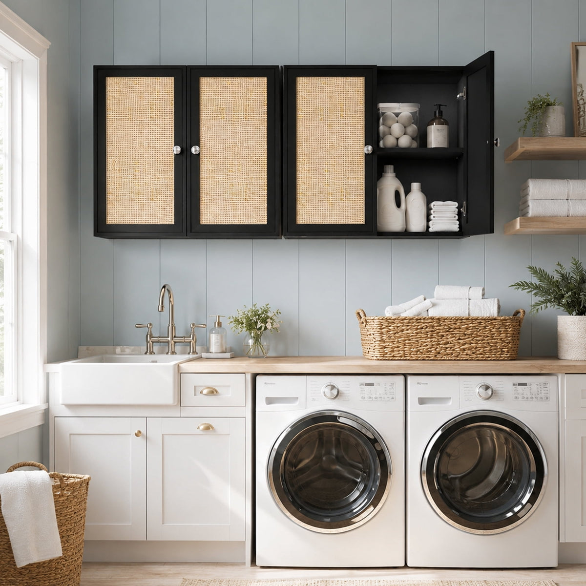 24 in.W Rattan Laundry Room Cabinets with Lights, Bathroom Cabinets Wall Mounted with Adjustable Shelves, Wall Cabinet for Bathroom/Kitchen/Bedroom (2PCS, Black)