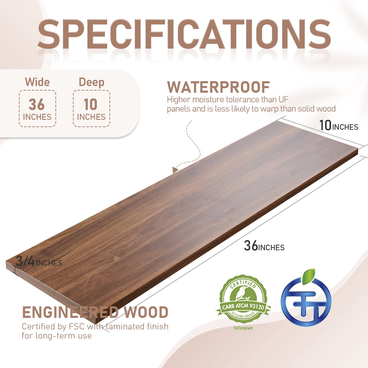 Kaboon 36 inch Long 10 inch Deep Floating Shelves for Wall Set of 2, Large Open Shelves Wall Mounted, Space Saving Home and Commercial Use, Dark Walnut