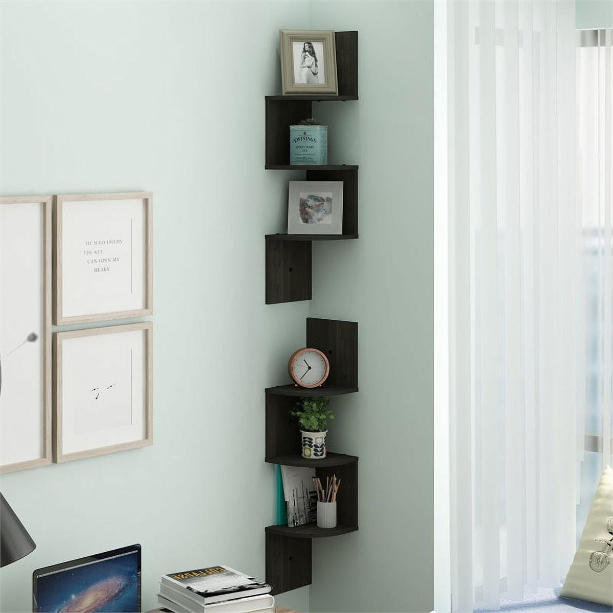Furinno 3 Tier Wall Mount Floating Corner Radial Shelf, Set of 2