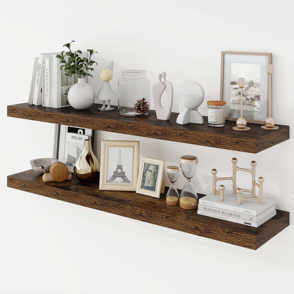 40 Inch Floating Shelves, 9.3 in. Deep Floating Shelf Wall Mounted, 40 in. Wall Shelves, Rustic Deep Bookshelf, Large Display Shelves & Storage Shelves for Bedroom, Living Room, Brown, Set of 2