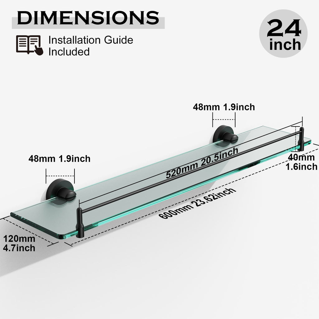24 Inch Glass Bathroom Shelves,Matte Black Floating Shelves for Wall Rectangular Modern Stainless Steel Glass Shelf for Bathroom Shelves Wall Mounted