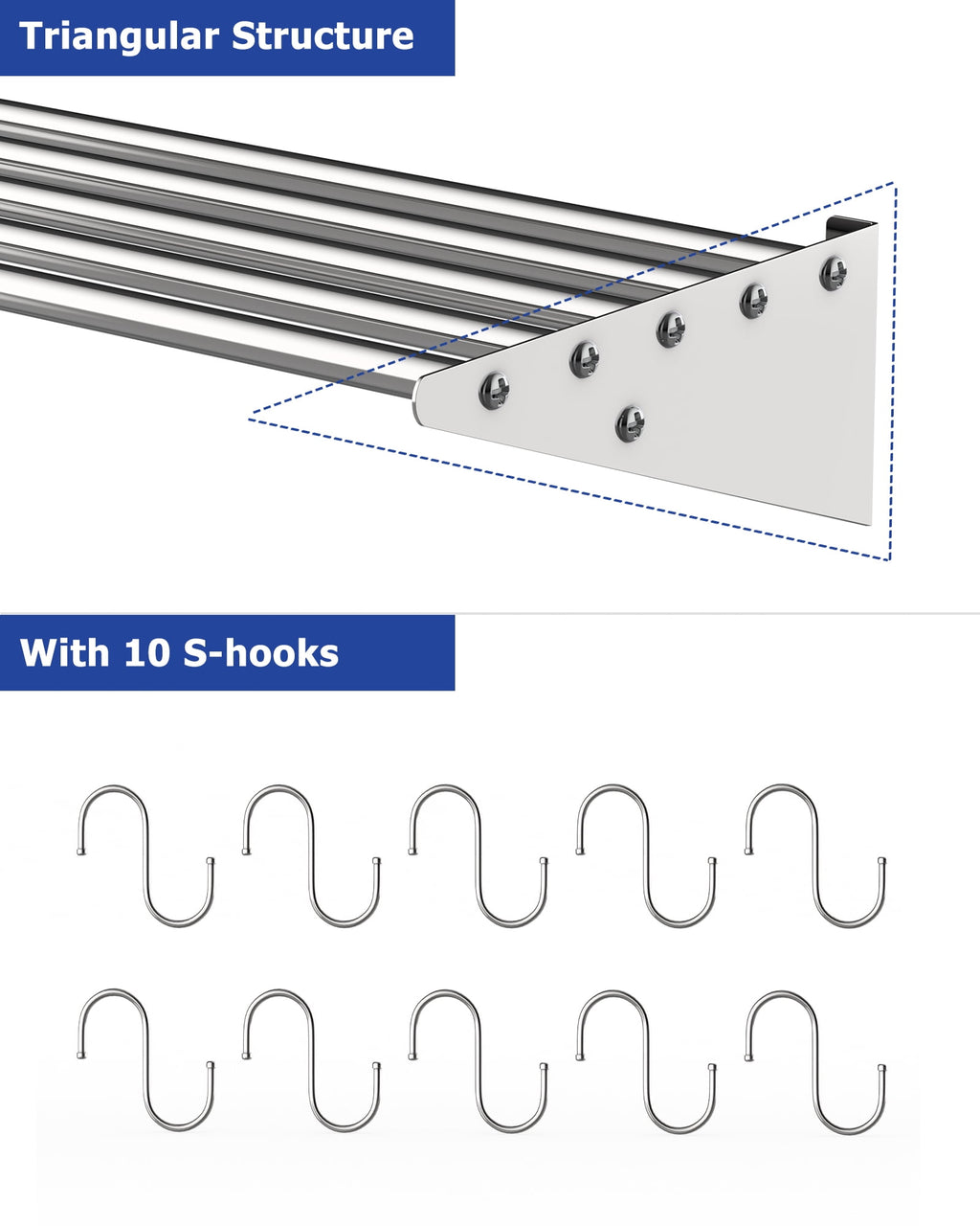 M optimized Commercial NSF Stainless Steel Shelf Wall Mount Floating Hanging Rack for Storage and Organization with S Hooks for Home Kitchen, Restaurant & Hotel