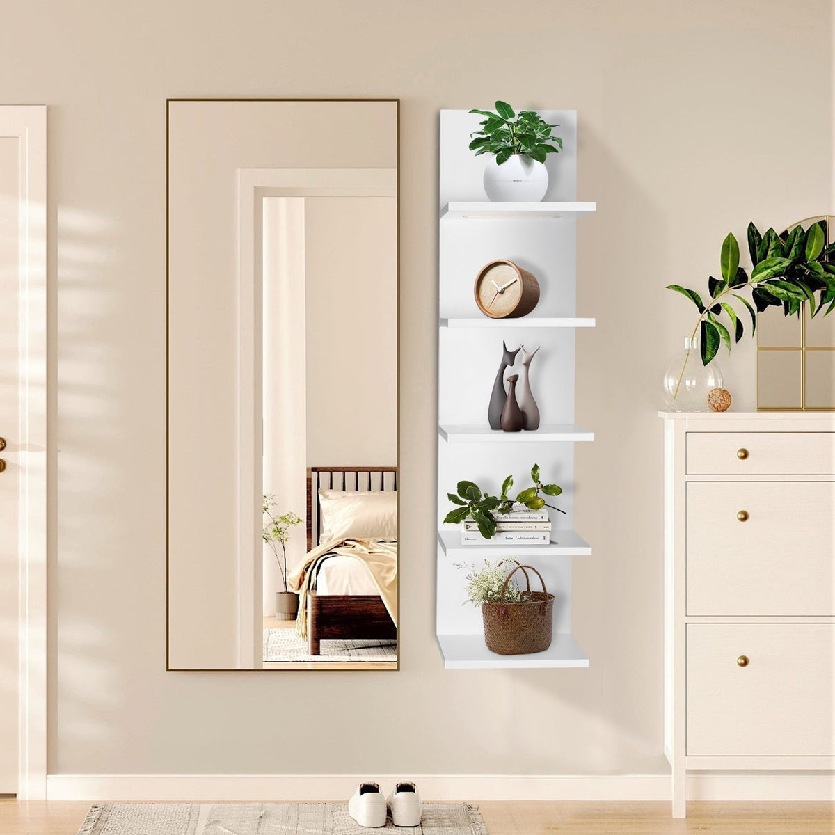 5-Tier LED Wall Shelf Vertical Column Floating Storage Shelf Tall Tower Organizer for Home Decor (White)