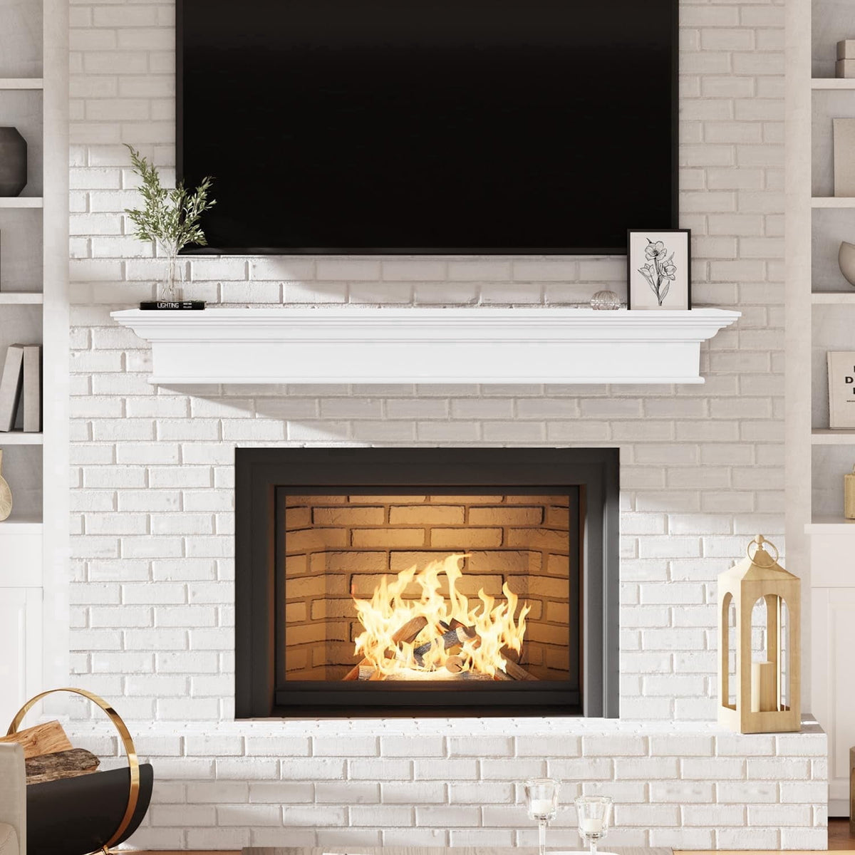 Kincubow 60 in. Fireplace Mantel Shelf Floating Wood Mantel Shelf with Hidden Bracket Rustic White Wall Mount Faux Fireplace Shelf 60 x 9 x 8