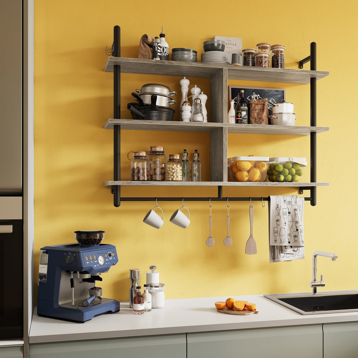 Bestier 41 in. Industrial Pipe Shelves Wall Mount, 3-Tier Floating Shelves for Kitchen Bedroom Bathroom in Grey