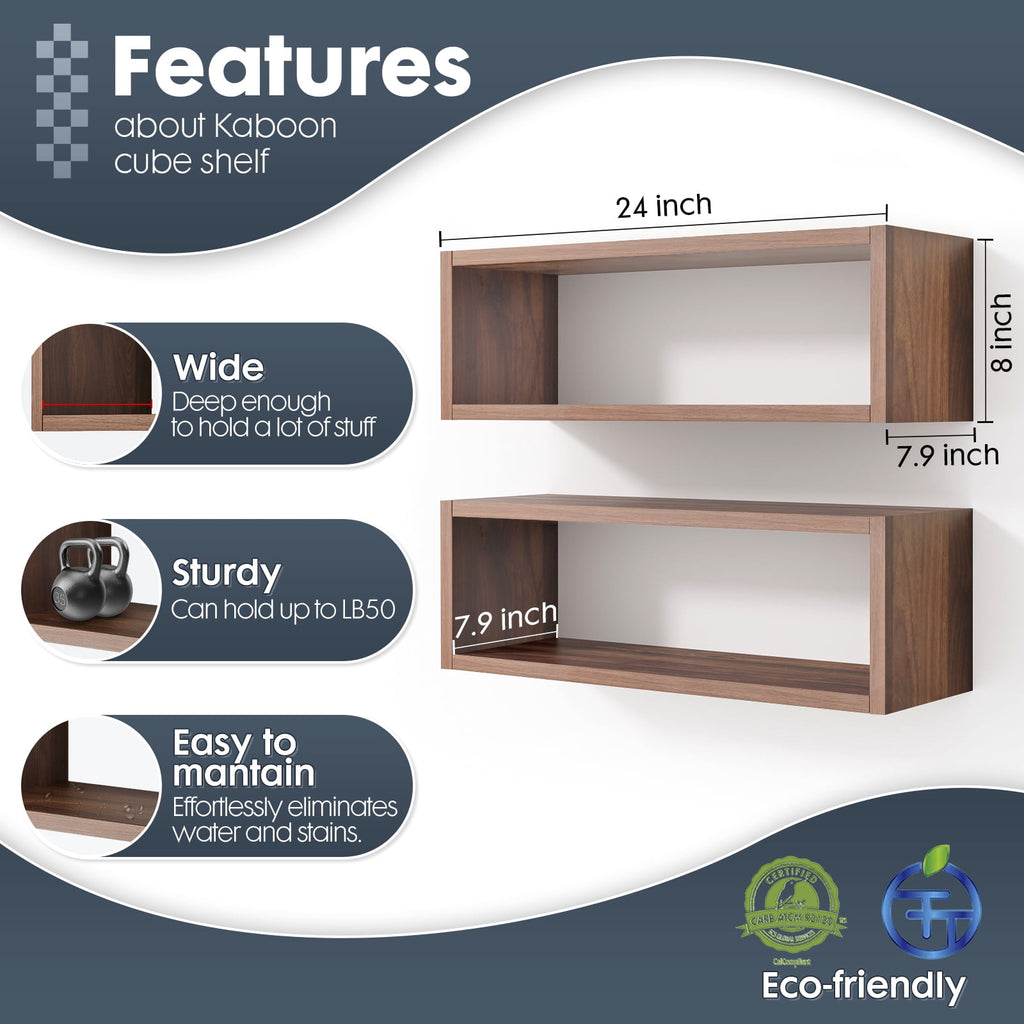 Kaboon 24 in. Floating Cube Shelves, Set of 2, Wall Mount Decorative Hanging Shelves, Dark Walnut