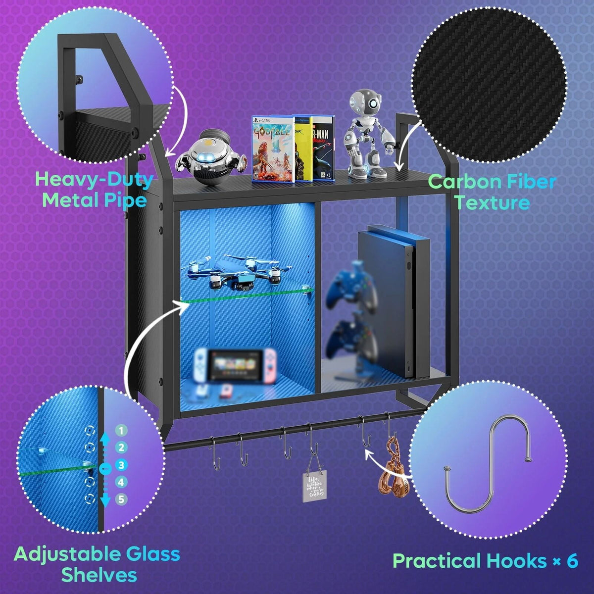 Bestier 25 in. Gaming Floating Shelves LED Wall Mounted Shelf with Adjustable Glass Shelf, Gaming Room Decor Wine Coffee Bar, Black