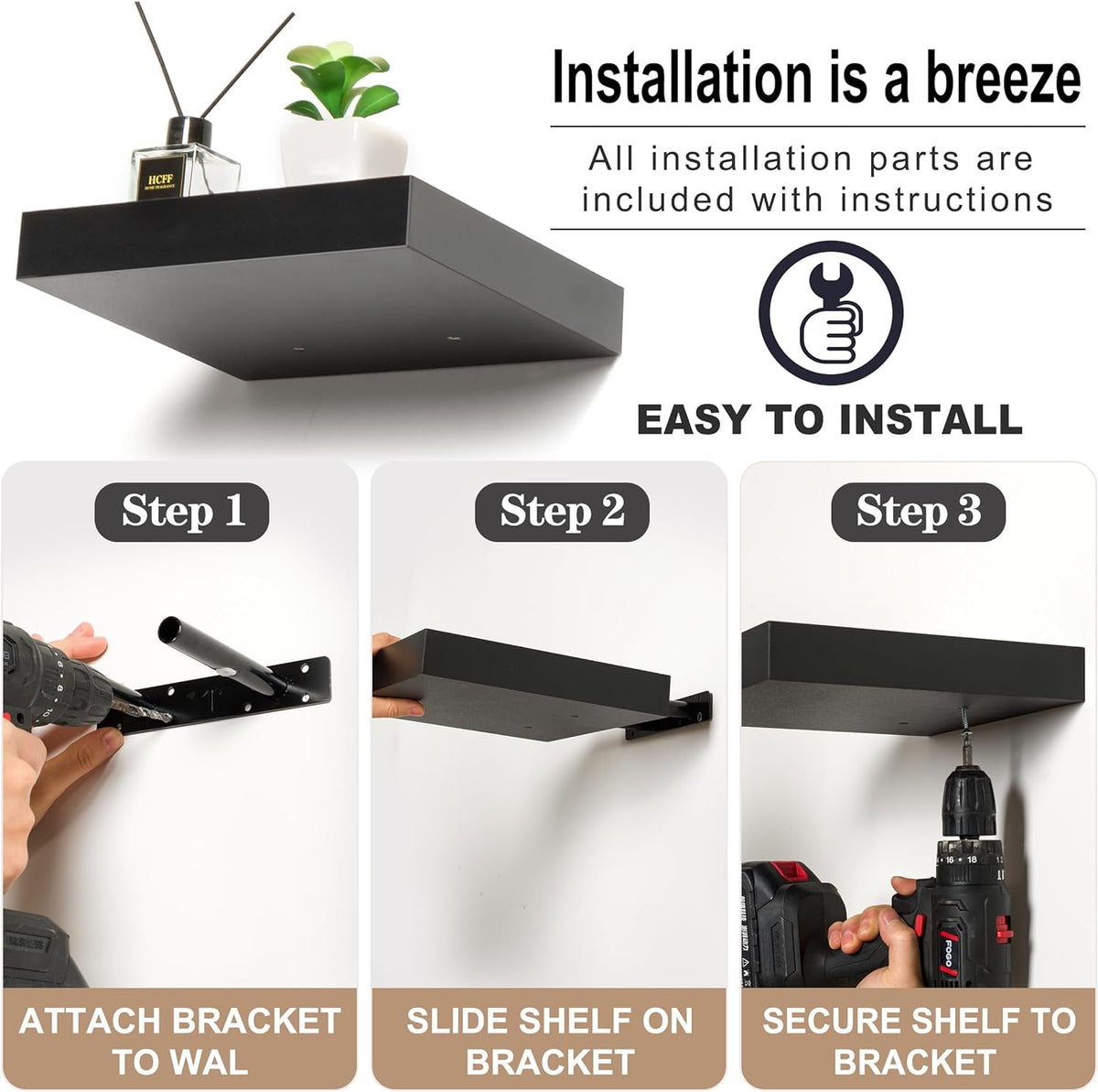 Sorbus Square Floating Shelf for Wall - 3 Small Shelves with Invisible Mounting Brackets for Living Room Decor, Bedroom, Bathroom Decor, Home & Kitchen - 9 in. Black Wall Shelf to Display Photos Trophies
