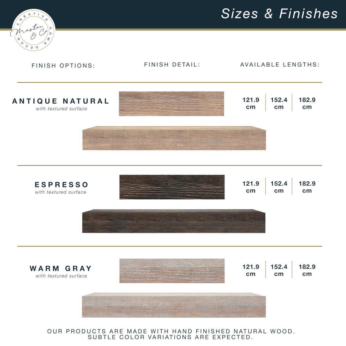 MCS 60-Inch Mantel, Master & Co Antique Natural Finish Solid Wood Floating Fireplace Mantel, Long Floating Shelf for Livingroom with Wood Cleat Hanging System, Photo and Home Decor Display Shelf