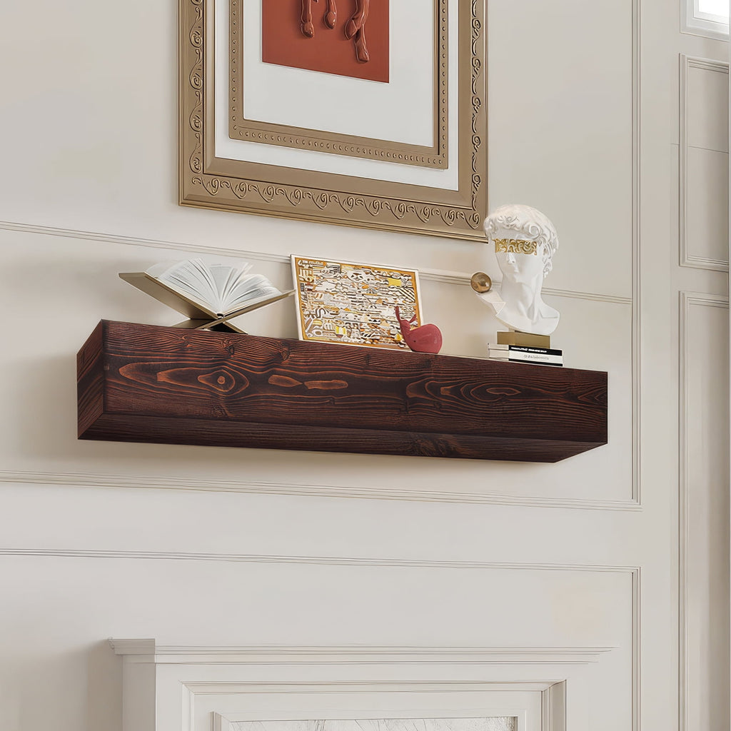 KFFKFF Wooden Fireplace Mantel, 60 in. x 8 in. x 6 in., 50 lbs Load Capacity, Natural Wood Shelf for Fireplace or Wall, Wall-Mounted Floating Farmhouse Design, Handcrafted Rustic Brown Mantel for Home Decor