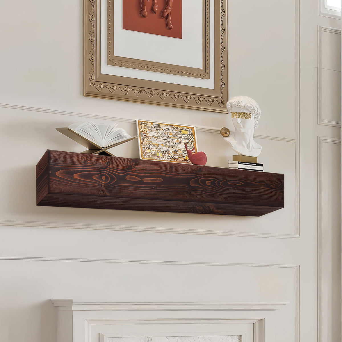 KFFKFF Wooden Fireplace Mantel, 60 in. x 8 in. x 6 in., 50 lbs Load Capacity, Natural Wood Shelf for Fireplace or Wall, Wall-Mounted Floating Farmhouse Design, Handcrafted Rustic Brown Mantel for Home Decor