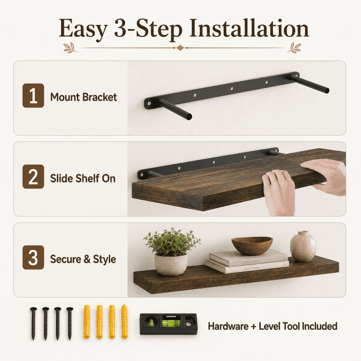 MEHOOM 36 in. Rustic Solid Wood Floating Shelves for Wall Set of 2, Brown Book Shelves,Wall Shelves for Bathroom,Bedroom,Living Room,Kitchen,Study Room, Kids Room, Farmhouse Decor