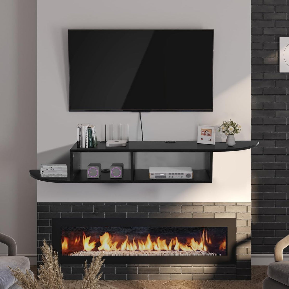 Floating TV Stand, 55 in. Floating TV Shelf with Storage, Floating Entertainment Center Wall Shelf for Living Room, Floating Shelf for Under TV, Bedroom, Walnu