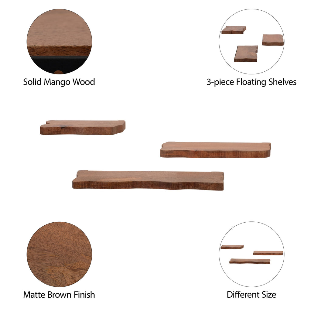 Mango Wood Floating Shelves for Living Room Decor - Modern Wall Display for Entryway - Storage Shelves for Bedroom - Set of 3, 18 in., Brown