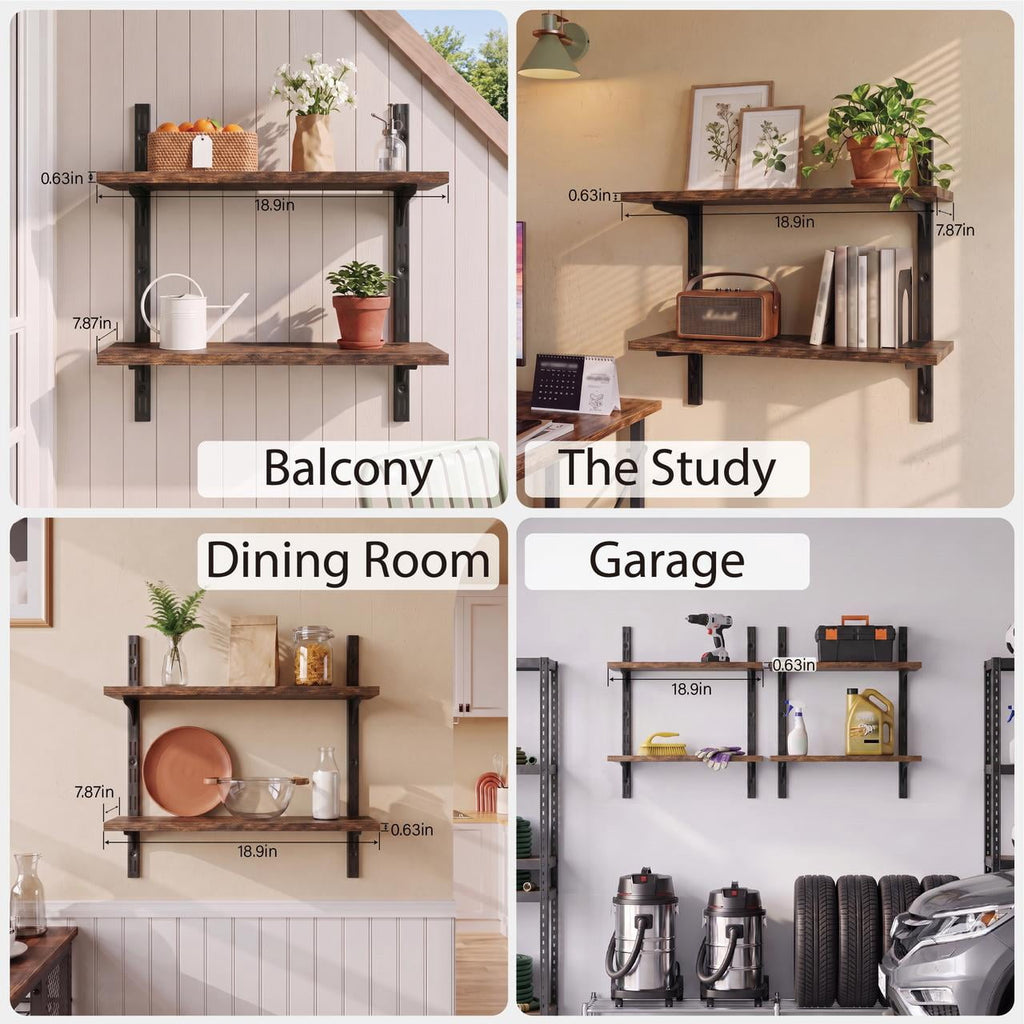 Mifurn 2-Tier Floating Shelves for Wall, 18.9 in. Adjustable Wall Track Wood Shelves, Rustic Brown