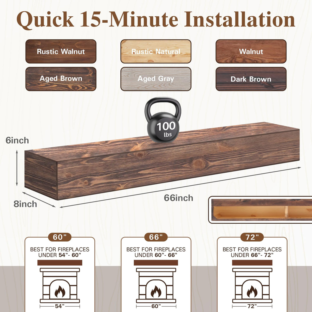 66 Inch Floating Fireplace Mantel Shelf, Handcrafted Solid Pine Wood Mantel with Invisible Heavy Duty Brackets, American Brown Wall Mounted Shelf for Over Fireplace Décor