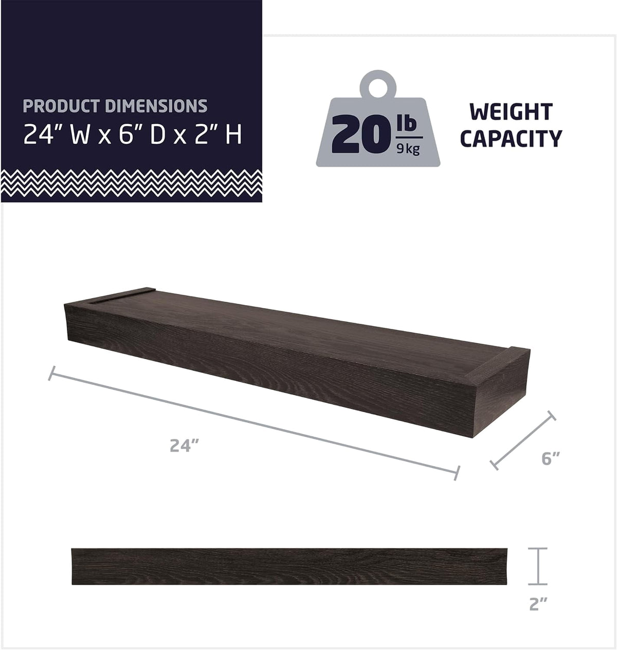 HIGH & MIGHTY Modern 24 in. Floating Shelf Holds up to 20 lbs, Easy Tool-Free Dry Wall Installation, Flat, Espresso | 515659