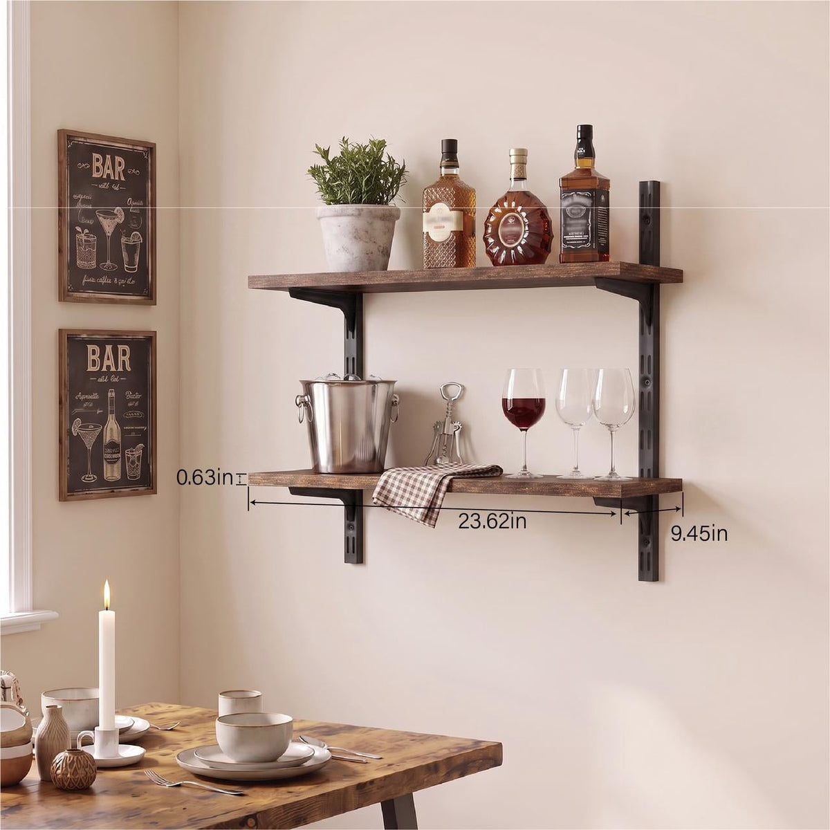 Mifurn 2-Tier Floating Shelves for Wall, 18.9 in. Adjustable Wall Track Wood Shelves, Rustic Brown