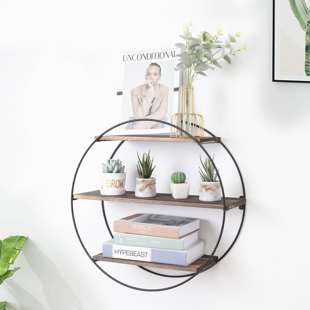 LUVODI 3 Tiers Round Wall Mounted Floating Shelf Wood Rustic for Bathroom Bedroom Living Room Decor
