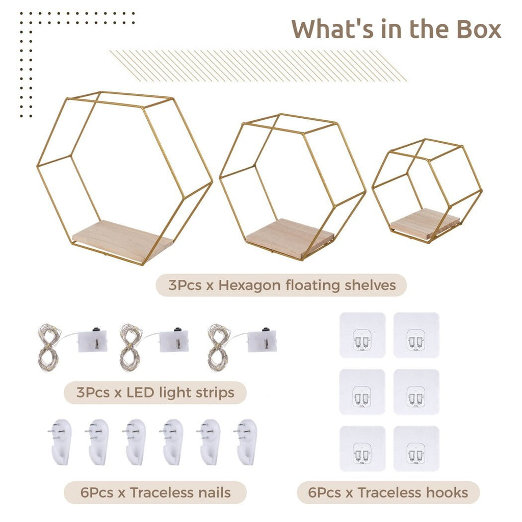 3Pcs Hexagon Floating Shelves with LED Light Strip, Modern Wall Mounted Metal Storage Shelves with Wooden Base, Wall Decor for Home Living Room Bedroom Bathroom