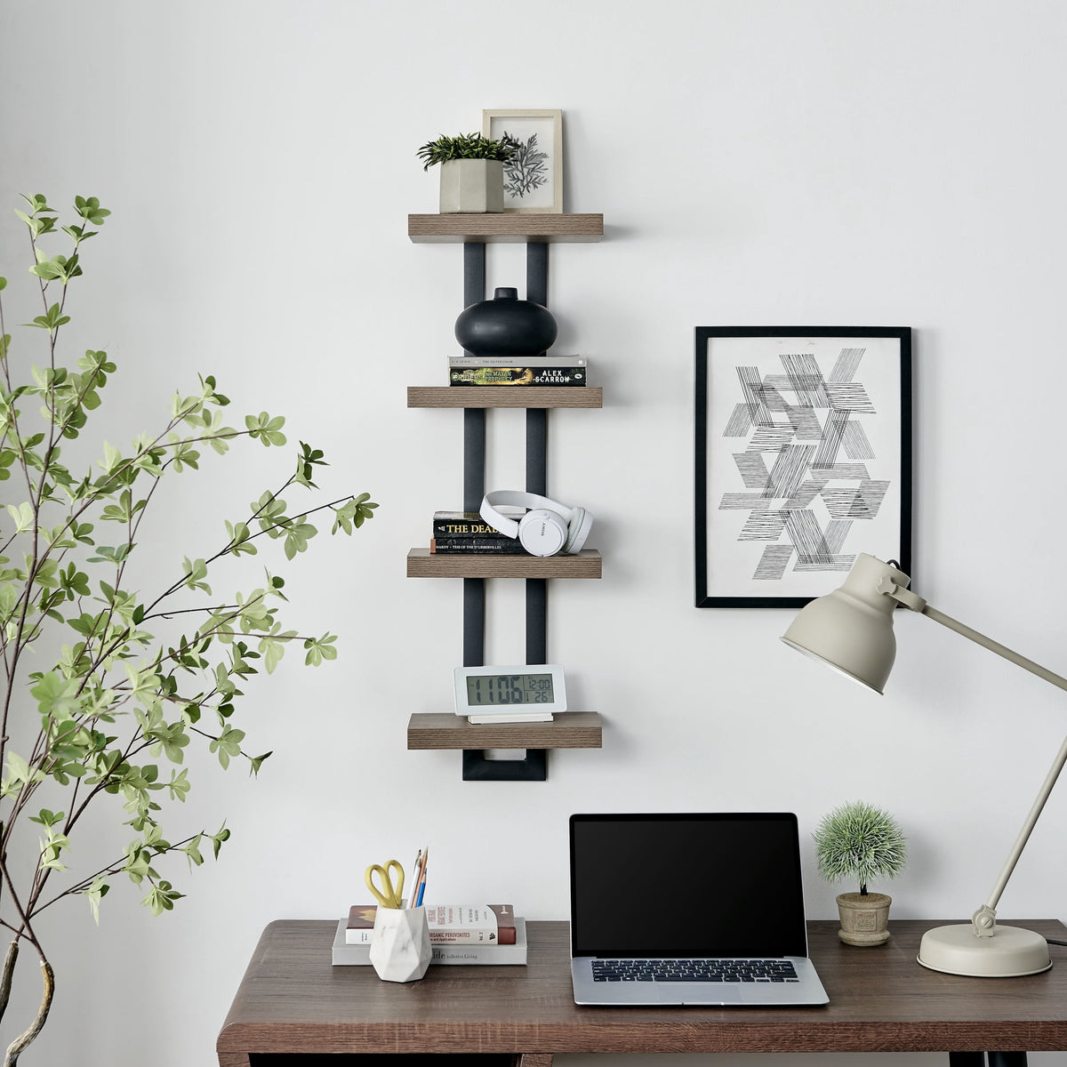 Danya B. 4-Tier Ladder Bracket Floating Wall Shelves - Black Metal and Walnut Finish