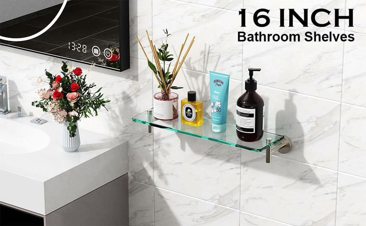 Woindo Bathroom Glass Shelf, Floating Tempered Glass Bathroom Wall Shelf Rectangle 16 Inch Shelves Brushed Nickel Bracket Mount Modern